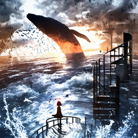 <lora:star_xl_v2:1>,
a woman standing on a stair case next to a fire hydrant in the water with birds flying around, 1girl, solo, short hair, dress, standing, outdoors, water, scenery, fish, silhouette, whale, shadow, railing, surreal, The image portrays a surreal and dramatic scene set against a backdrop of a vast, turbulent sea. Dominating the foreground is a massive, dark whale, seemingly emerging from the water with its tail raised. The sea is filled with smaller fish, creating a shimmering effect. To the right, a lone figure stands on a spiral staircase, gazing out at the sea. The sky is filled with birds, possibly seagulls, flying in various directions. The overall mood of the image is intense, with the juxtaposition of the massive whale and the solitary figure adding to the drama., sea, staircase, figure, birds, drama
