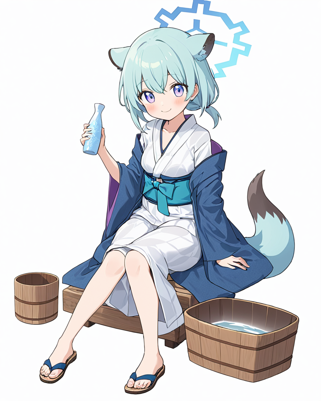 shigure \(blue archive\),1girl, solo, halo, official_alternate_costume, white_background, bath_yukata, sandals, tokkuri, looking_at_viewer, simple_background, sitting, smile, tail, white_kimono, blush, holding_bottle, wooden_bucket, full_body, obi, wide_sleeves
<lora:shigure_(blue_archive)_image979_2023-11-28-000015:1>halo. gorgeous,key visual, vibrant, studio anime,award-winning, professional, highly detailed,high budget, cinemascope