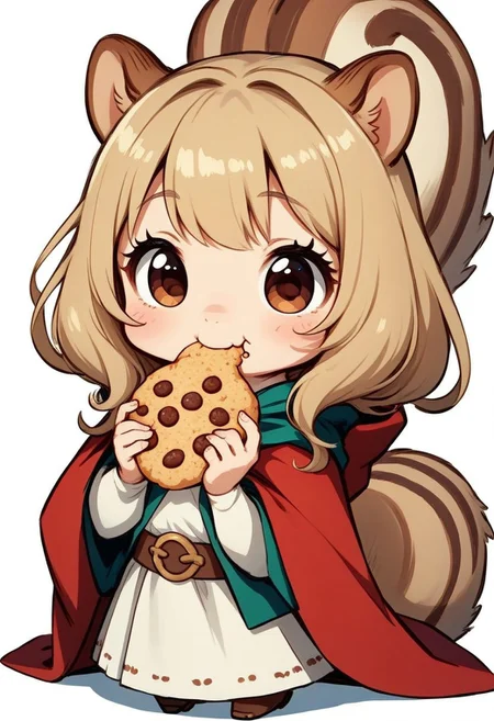 score_9, score_8_up, score_7_up, best quality, fine detail, cute, squirrel girl, chibi, eating cookie