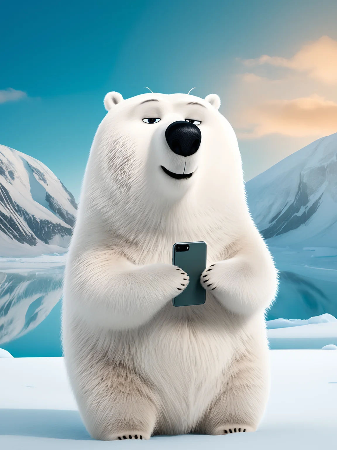 best quality, masterpiece, raw photo, 8k,uhd,cartoon, TSLoP,a cute polar bear is hodling cellphone,<lora:TSLoP:0.8>