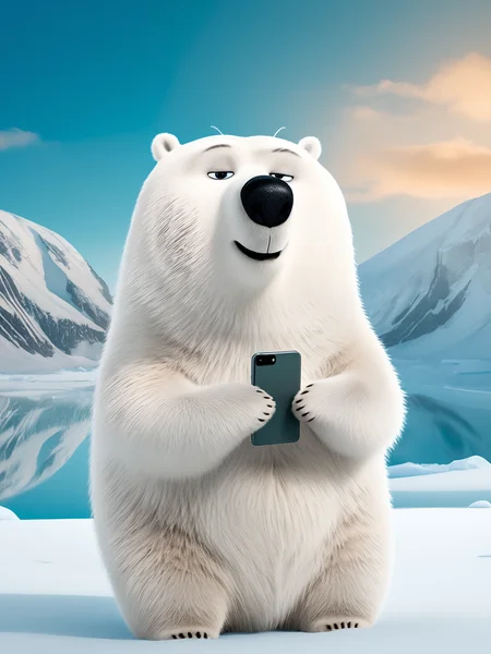 best quality, masterpiece, raw photo, 8k,uhd,cartoon, TSLoP,a cute polar bear is hodling cellphone,<lora:TSLoP:0.8>