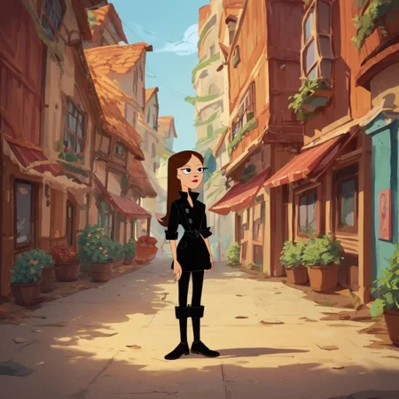 score_9, score_8_up, score_7_up, score_6_up, score_5_up, score_4_up, rating_safe, 1girl, VanessaDoof, black outfit, cartoon