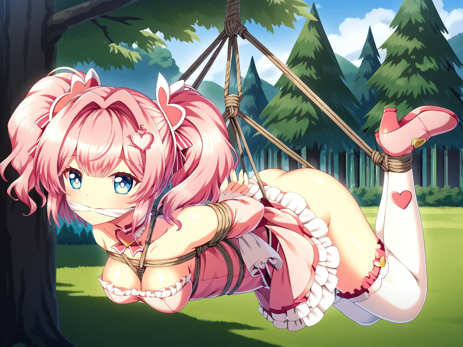 <lora:Escude_-_Yamizome_Liberator_-_All_in_One:1>,escude,arisu,1girl,solo,pink hair,blue eyes,twintails,smile,thighhighs,breasts,dress,full body,hair ornament,white thighhighs,heart,cleavage,holding,pink dress,medium breasts,blush,frills,frilled dress,bow,ribbon,hat,magical girl,rabbit hair ornament,pink footwear,restrained,cloth gag,outdoors,tree,suspension,hanging,tied up \(nonsexual\),rope,legs up,top-down bottom-up,, score_9, score_8_up, score_7_up,source_anime,(masterpiece),(best quality),(ultra-detailed),(best illustration),(best shadow),(absurdres),(detailed background),(very aesthetic),source_anime