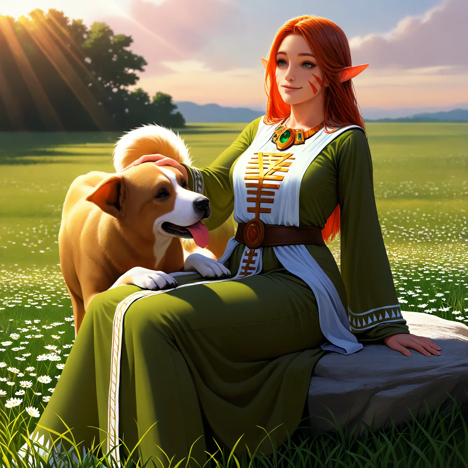 safe, masterpiece, very aesthetic, 1girl, solo, farseermacha, mature female, green eyes, green robe, sitting, outside, on rock, petting animal, dog, photorealism, realistic, sunlight, meadow, (smile:0.7)
<lora:Macha-Warhammer_NAIXL_v10:0.8>