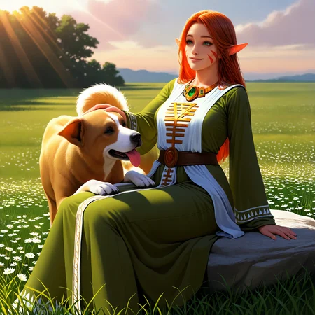 safe, masterpiece, very aesthetic, 1girl, solo, farseermacha, mature female, green eyes, green robe, sitting, outside, on rock, petting animal, dog, photorealism, realistic, sunlight, meadow, (smile:0.7)
<lora:Macha-Warhammer_NAIXL_v10:0.8>