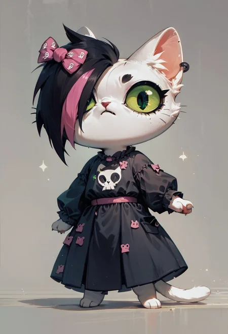 score_9, score_8_up, score_7_up, score_6_up,
digital art,
Mursday, 1girl, cat girl, white fur,
black dress, multicolored hair, green eyes, bow