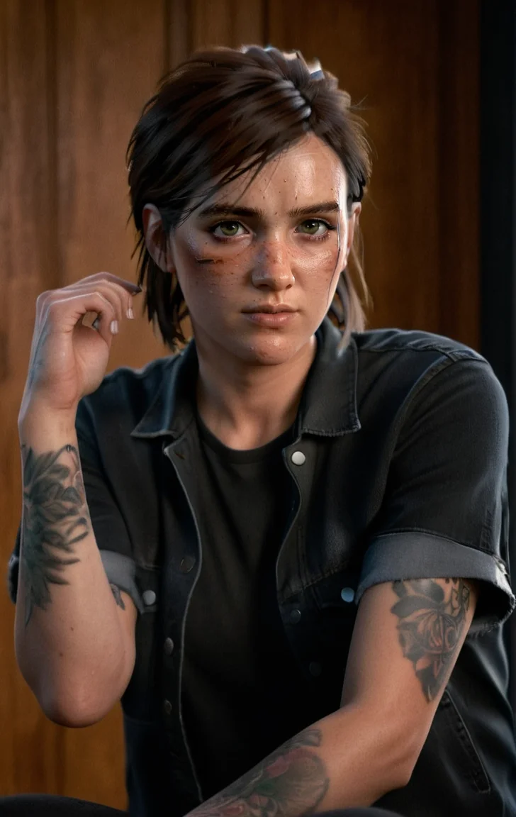 photo of ohxw, ellie, tattoo on left arm, woman, black jeans, close up, , short hair, face details, low key lighting, <lora:2ellie-000003:1>