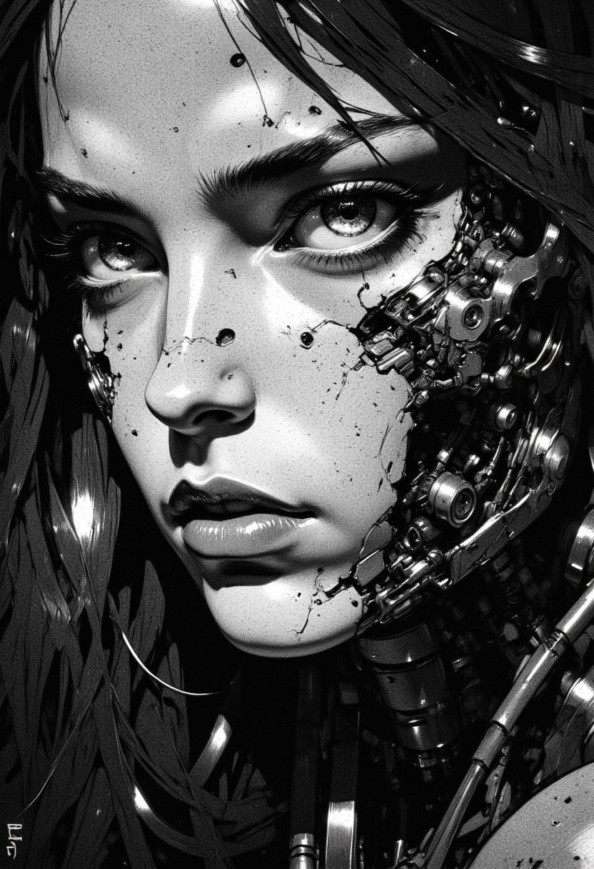 high-contrast black-and-white digital drawing in a cyberpunk style. It features a (close-up:1.5) part of a young woman's face with intricate, metallic cybernetic enhancements underneath her left eye and on her cheek. The background is dark and textured, with faint light reflecting off the metallic parts, creating a stark, dramatic effect. The woman's expression is intense, with detailed shading and highlights emphasizing her striking features. The camera angle is slightly low, focusing on her face and cybernetic elements. The overall mood is futuristic and mysterious.