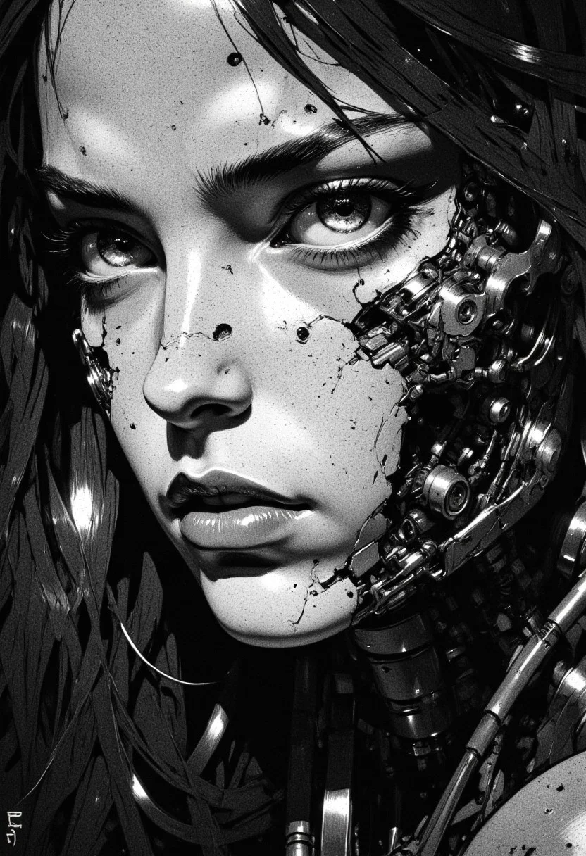 high-contrast black-and-white digital drawing in a cyberpunk style. It features a (close-up:1.5) part of a young woman's face with intricate, metallic cybernetic enhancements underneath her left eye and on her cheek. The background is dark and textured, with faint light reflecting off the metallic parts, creating a stark, dramatic effect. The woman's expression is intense, with detailed shading and highlights emphasizing her striking features. The camera angle is slightly low, focusing on her face and cybernetic elements. The overall mood is futuristic and mysterious.