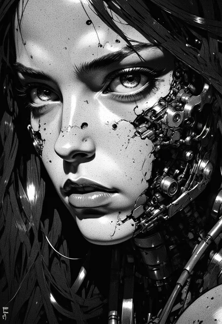high-contrast black-and-white digital drawing in a cyberpunk style. It features a (close-up:1.5) part of a young woman's face with intricate, metallic cybernetic enhancements underneath her left eye and on her cheek. The background is dark and textured, with faint light reflecting off the metallic parts, creating a stark, dramatic effect. The woman's expression is intense, with detailed shading and highlights emphasizing her striking features. The camera angle is slightly low, focusing on her face and cybernetic elements. The overall mood is futuristic and mysterious.