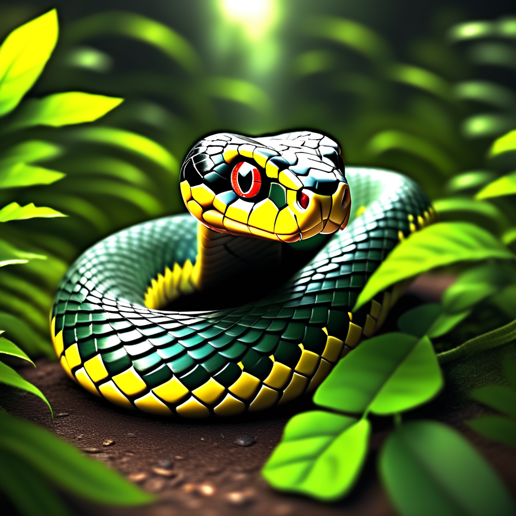 solo, realistic, animal, no humans, leaf, animal focus, pokemon (creature), snake, black eyes