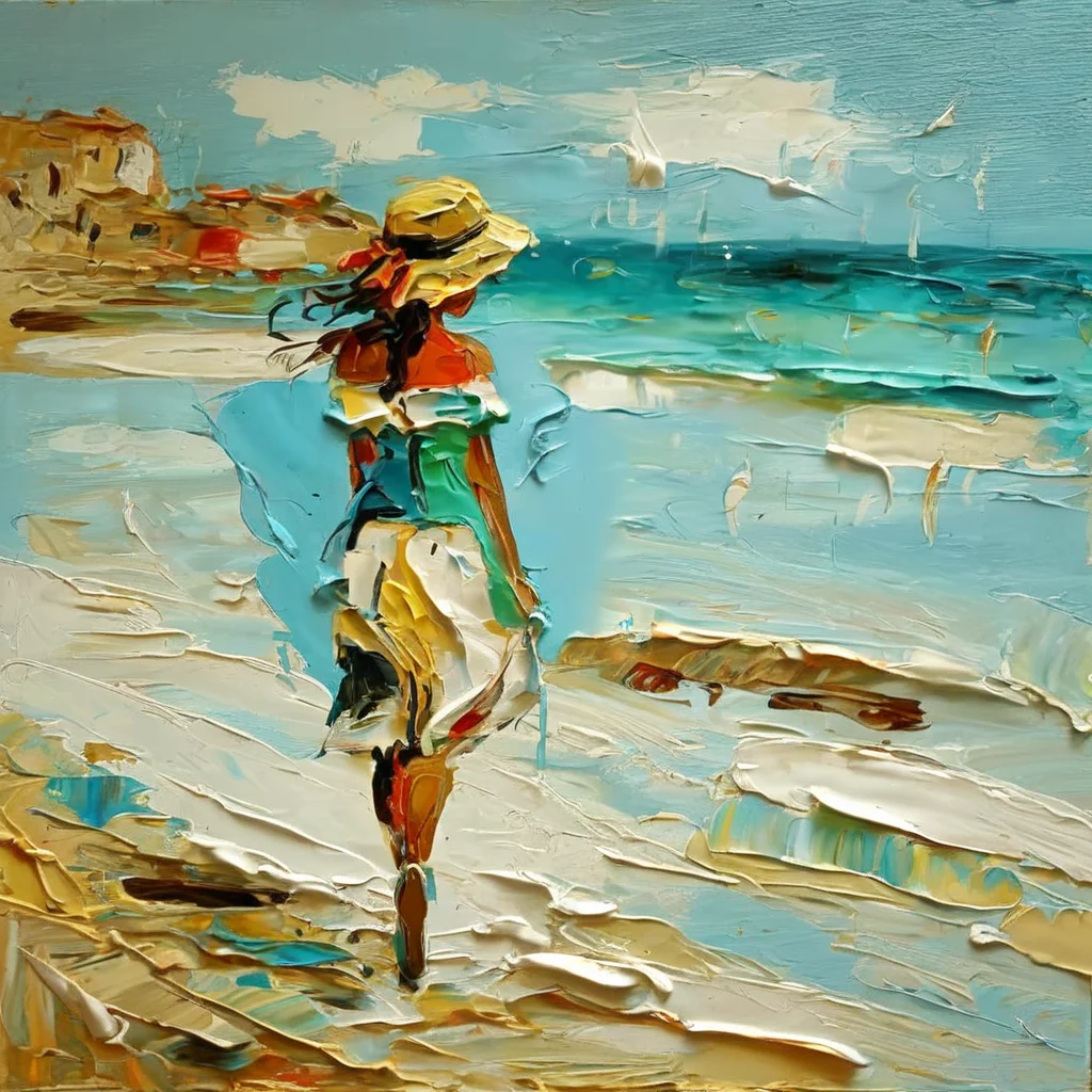 impasto girl walking on the beach <lora:impasto:1>