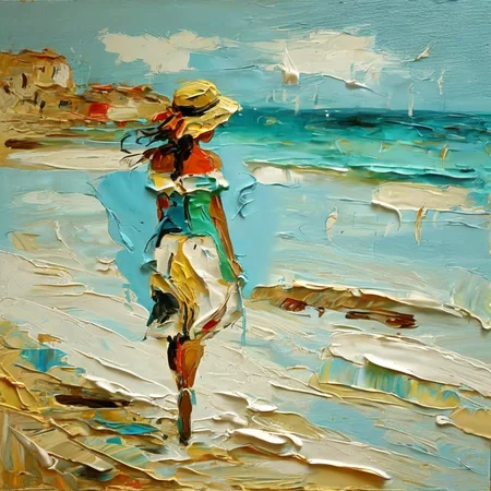 impasto girl walking on the beach <lora:impasto:1>