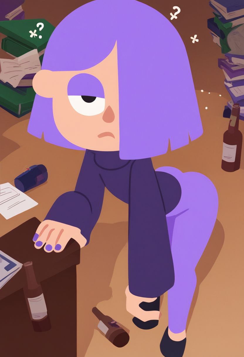 score_9, score_8_up, score_7_up, pinup girl pose, Expressiveh,
 a sexy girl (18 y.o.) , 1girl, , Lily, LilyDuolingo, girl, light purple hair, hair over one eye, purple nails, thin body, petite, purple sweater, purple leggings,
cute, confused, lonely, tired, unfocused, dazed,  
on floor, 
aesthetic, 
well lit, bright lighting, 
 in a office,
cute, drunk, tired, unfocused, dazed,  
standing, wide angle,
 surrounded by brown hair men