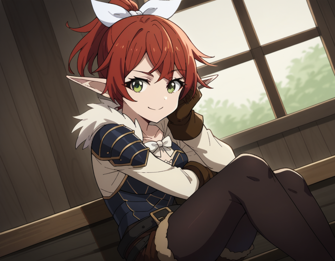 score_9, score_8_up, score_7_up, source_anime, <lora:rhea-fighter-s2-ponyxl-lora-nochekaiser_r1:1>, rhea fighter, green eyes, hair ribbon, ponytail, red hair, pointy ears, elf, white bow, white ribbon, ribbon,, gloves, bow, pantyhose, shorts, belt, armor, black pantyhose, fur trim, short shorts, brown gloves, toeless legwear, legwear under shorts, brown shorts,, indoors, smile, looking at viewer, solo, sitting, head rest,, cowboy shot, dutch angle