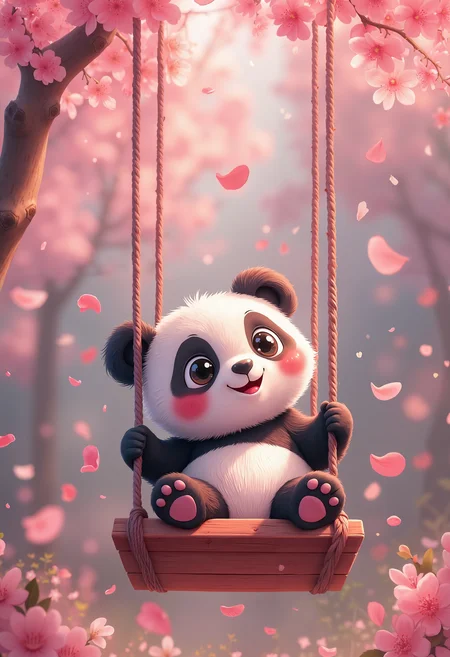 bo-romance, a digital illustration in a whimsical, cartoonish style, it depicts a cute panda bear sitting on a swing, suspended from a tree branch adorned with delicate pink cherry blossom petals, the panda has a round face with large, expressive black eyes, a small nose, and a cheerful smile, its fur is soft and fluffy, with black and white patches on its cheeks and belly, the swing is made of rope and wooden planks, and the background features a blurred, out-of-focus view of a garden with pink cherry blossoms in full bloom, creating a soft, dreamy atmosphere, the petals are scattered around the swing, adding a romantic and whimsical touch to the scene, the overall color palette is predominantly pink and white, with subtle hints of green and brown, enhancing the serene and romantic ambiance, the texture of the illustration is smooth and detailed, with a focus on soft shading and soft, pastel colors, giving it a dreamy, almost ethereal quality, the image exudes a sense of warmth and joy, making it a perfect representation of a cozy, romantic moment<lora:boFLUX Romance Abyss.safetensors:1.0:1.0>