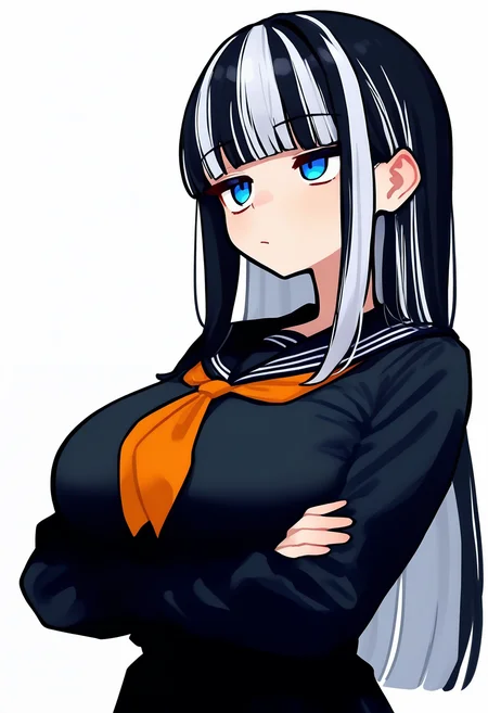 <lora:Uzyos_Style_NBV1:0.95>,1girl,solo,1girl, solo, long hair, breasts, blue eyes, large breasts, skirt, black hair, long sleeves, dress, school uniform, white hair, grey hair, multicolored hair, sidelocks, alternate costume, virtual youtuber, blunt bangs, black dress, two-tone hair, streaked hair, neckerchief, crossed arms, arms under breasts, orange neckerchief,masterpiece,best quality,newest,absurdres,highres,very awa,detailed backgroud