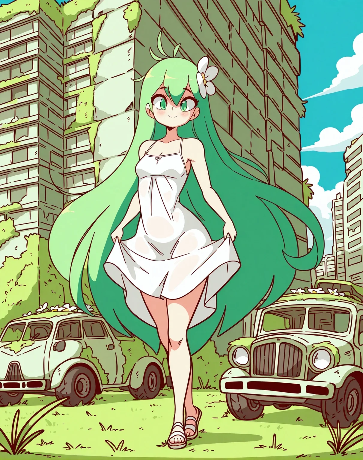 <lora:_diives_NAIXL-000020:1.1> art by diives, best quality, masterpiece, uncensored, source_anime, 1girl, solo, green hair, green eyes, dress, long hair, sundress, ruins, overgrown, skirt hold, smile, white dress, flower, sky, plant, day, bare shoulders, outdoors, ground vehicle, grass, very long hair, post-apocalypse, cloud, motor vehicle, clothes lift, standing, building