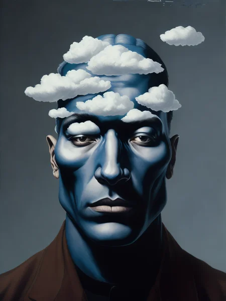 <lora:ReneMagritte:1>a man's head with clouds painted on it