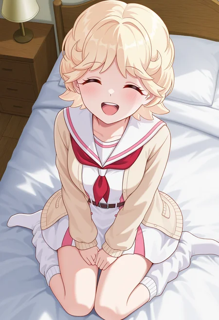 masterpiece,best quality,(amazing quality),very aesthetic,absurdres,newest,huge filesize,
<lora:Michiru Inukai_illustrious-000040:1>,Michiru_\(Talentless Nana\),yellow eyes,blonde hair,short hair,
blush,solo,white dress,open cardigan,sailor collar,upper teeth only,smile,closed eyes,white clouds,cowboy_shot,wariza,hands_on_lap,bed,bedroom,from_above,loose_socks,white socks