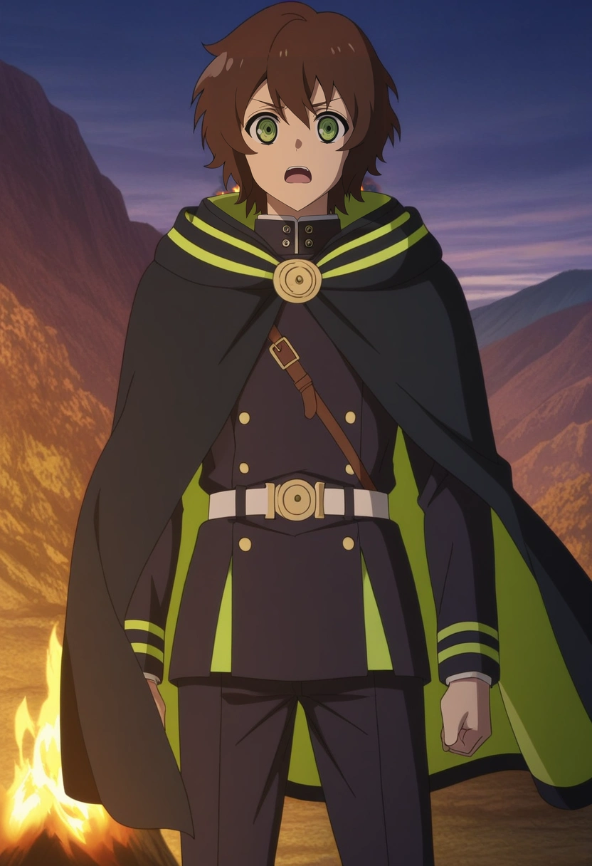 masterpiece, best quality, intricate details, anime screencap, anime coloring, official style, looking at viewer, 1boy, solo, male focus, <lora:yoichi_saotome_ilxl:1>, yoichi_saotome, brown hair, green eyes, short hair, military uniform, , black cape, black shirt, black pants, hiking camp, glowing tents, roaring fire, starlit skies, resting pose, peaceful expression, wilderness glow, , homburg