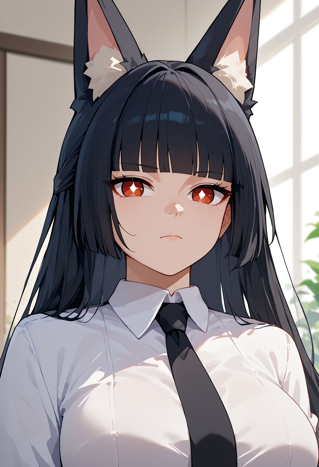 score_9,score_8_up,score_7_up, <lora:hoshimi_miyabi_zzz_pdxl_goofy:1>miyabizzz, 1girl, black necktie, black hair, white shirt, looking at viewer, upper body, collared shirt, closed mouth, large breasts, bright pupils, long sleeves, white pupils,blunt bangs, hime cut,