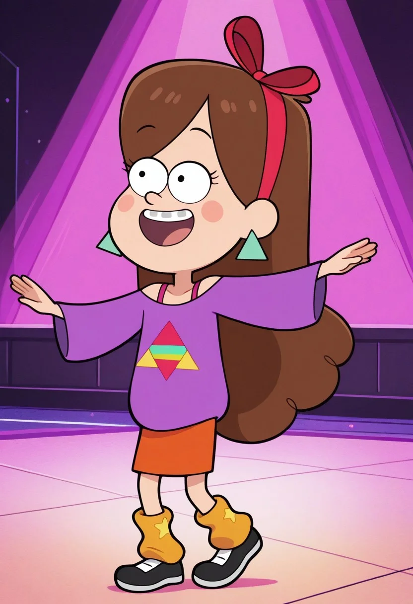 Mabel Pines, 1girl, brown hair, long hair, blush stickers, bow on head, headband, purple top, bra strap, orange skirt, triangle earrings, loose yellow socks, black shoes, dancing, happy, excited, dance floor
