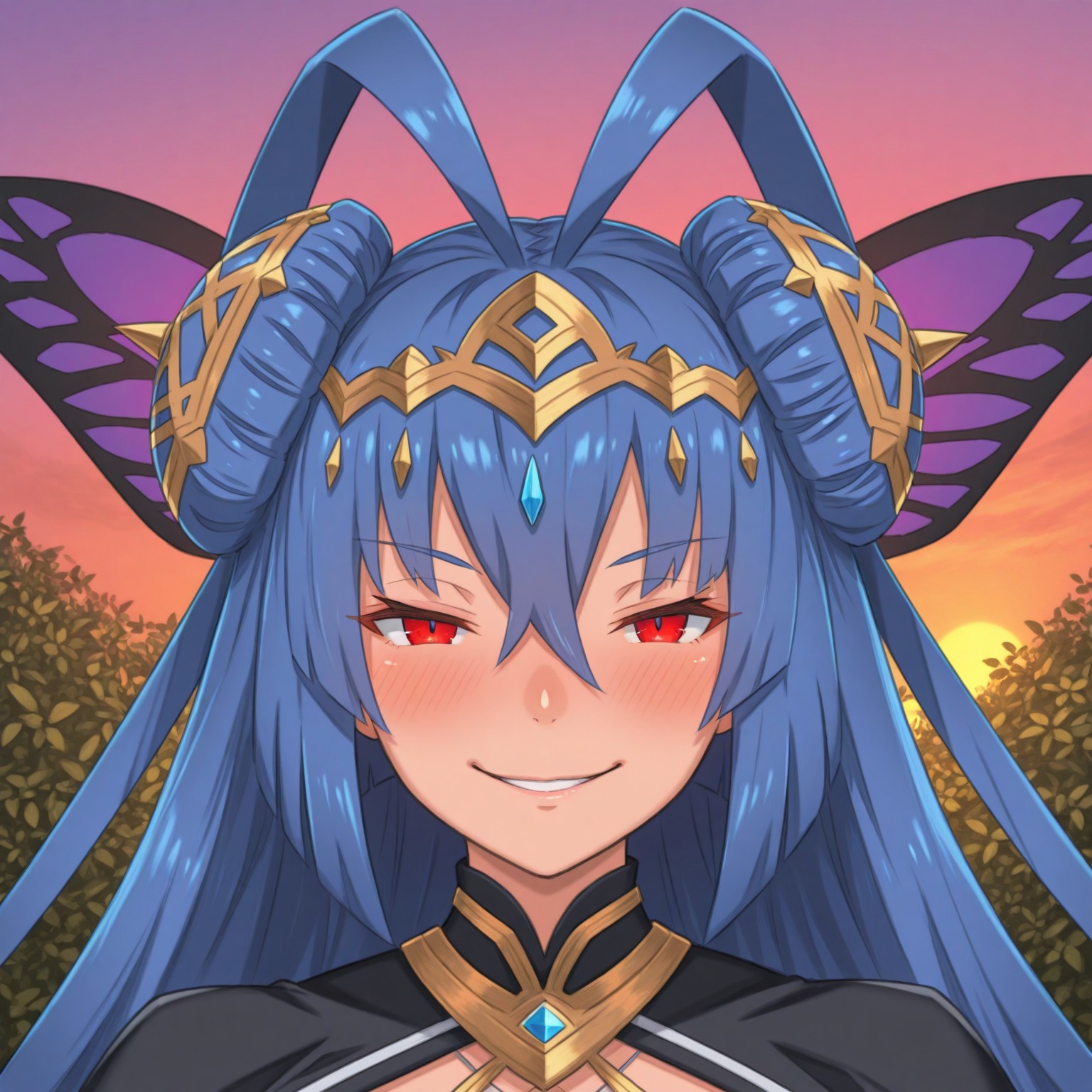 1girl, solo, realistic, realistic lighting, realistic coloring, (blush, sexy, evil smile, smug, sexy, portrait) looking at viewer,Origa Dragalia, red eyes, blue hair, long hair, double bun, bangs, hair ornament, defaultoriga, butterfly wings on hair, 
BREAK, Masatsugu Saito, Garden, sunset, orange sky, purple sky,