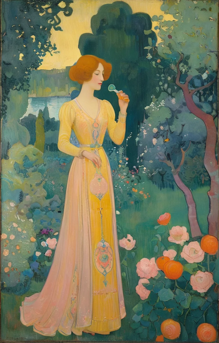 masterpiece,best quality,<lora:tbh380-sdxl:0.6>,illustration,style of Maurice Denis A bottle of perfume in garden