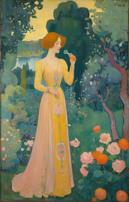 masterpiece,best quality,<lora:tbh380-sdxl:0.6>,illustration,style of Maurice Denis A bottle of perfume in garden