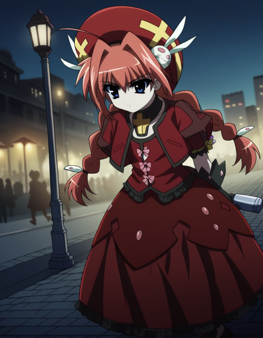 score_9, score_8_up, score_7_up, source_anime, <lora:vita-movie2-ponyxl-lora-nochekaiser:1>, vita, blue eyes, braid, ahoge, red hair, twin braids, rabbit hair ornament,, gloves, hat, dress, weapon, open clothes, open jacket, magical girl, red dress, cropped jacket, hammer,, city street, evening, streetlights, walking dog, quiet neighborhood, gentle breeze, , , hands behind back, bent over,, solo,, dutch angle,