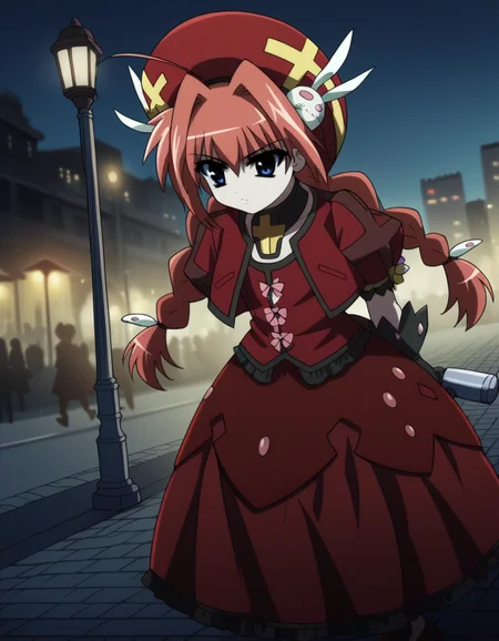 score_9, score_8_up, score_7_up, source_anime, <lora:vita-movie2-ponyxl-lora-nochekaiser:1>, vita, blue eyes, braid, ahoge, red hair, twin braids, rabbit hair ornament,, gloves, hat, dress, weapon, open clothes, open jacket, magical girl, red dress, cropped jacket, hammer,, city street, evening, streetlights, walking dog, quiet neighborhood, gentle breeze, , , hands behind back, bent over,, solo,, dutch angle,