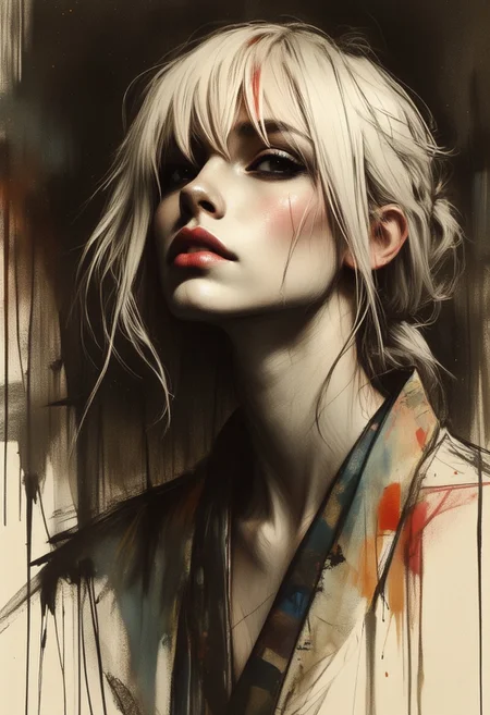 OBxiaoxiang, Inkplash art on rice paper, sepia, henna , inksketch, Silhouette Art, magnificent, dark background, inksplash portrait of stunning japanese woman, long platinum hair with red streak, sidelocks, bangs, seductive, sultry, lustful, red lips, direct gaze, light hitting one side of face, inksplash abstract background