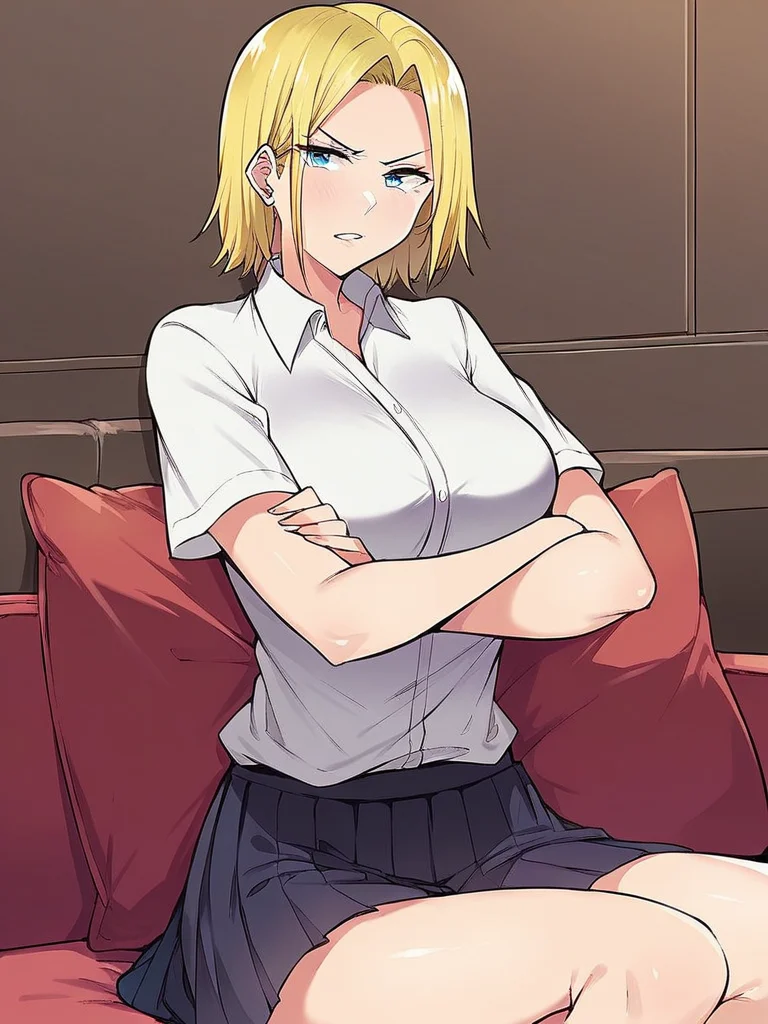score_9, score_8_up, score_7_up,
1girl, reina im, blonde hair, parted bangs, medium hair, blue eyes, large breasts,
white shirt, short sleeves, pleated skirt, sitting, couch, crossed arms, frown, parted lips, disgust, looking at viewer,