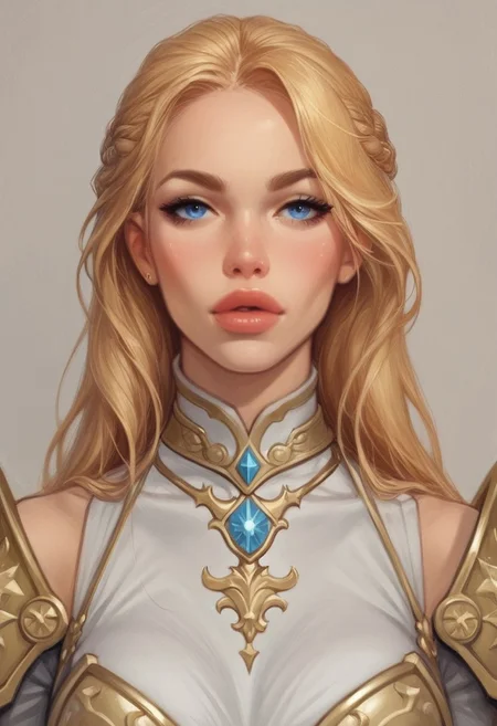 The archangel is depicted in his divine form a majestic, serene figure with a radiant aura. Her face is calm and compassionate, she is adorned with a shining halo and resplendent golden armor that reflects his celestial origins. Blonde hair, blue eyes
His wings are large, white, and feathery, spreading out behind her in a display of divine grace. sShe wields a glowing, celestial sword,
(((full-clothed armor)))
BREAK
(long sword in hands, steel sword in hands)), strange world background score_9, score_8_up, score_7_up, score_6_up, source_cartoon, rating_explicit, Expressiveh, ((portrait, close up)), dynamic pose