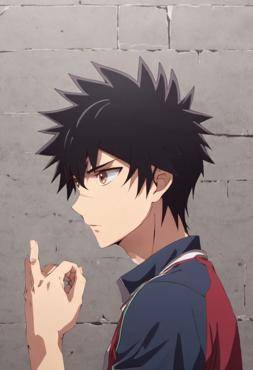 high resolution, solo, best quality, 1Boy, Kanata Hoshijima, Black hair, Brown Eyes, Against wall, hand near face, dominating, intense,
