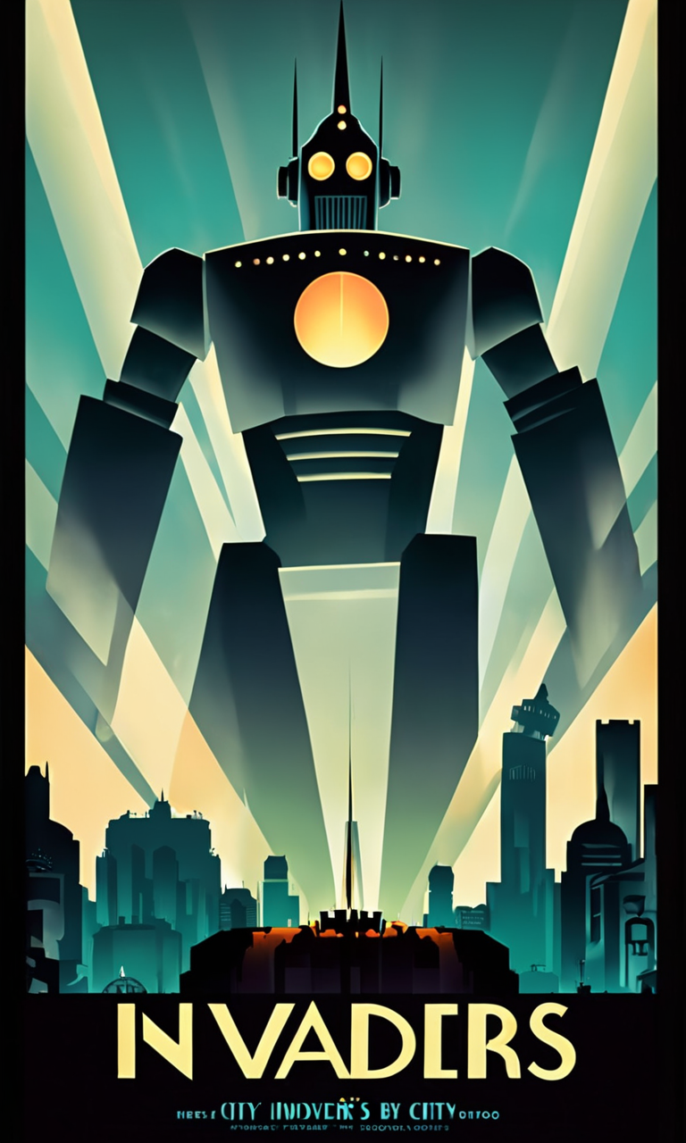 giant robot over city, Text:"Invaders ", <lora:artdecopostsdxl:0.8>, art deco style poster, 1940s, vibrant color
