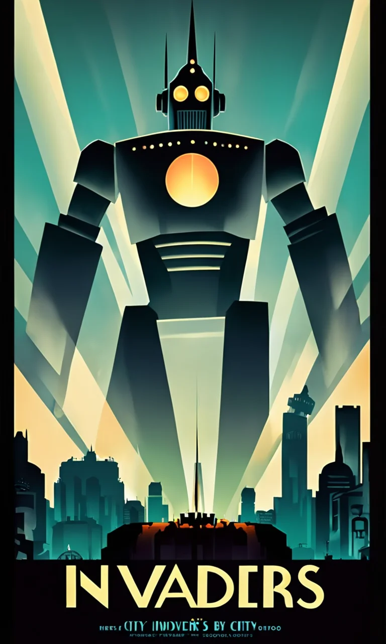 giant robot over city, Text:"Invaders ", <lora:artdecopostsdxl:0.8>, art deco style poster, 1940s, vibrant color