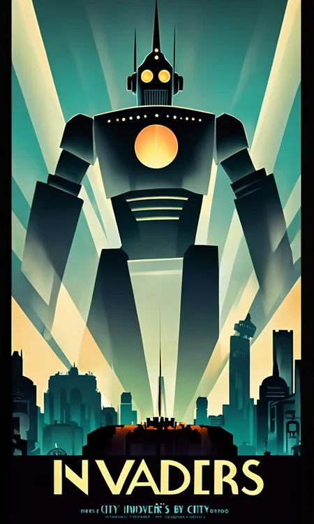 giant robot over city, Text:"Invaders ", <lora:artdecopostsdxl:0.8>, art deco style poster, 1940s, vibrant color