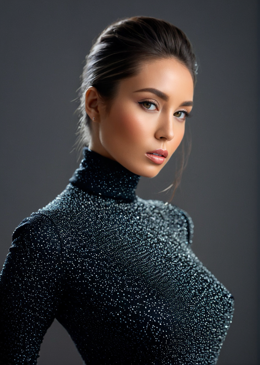 A captivating masterpiece of an woman, half body, turtleneck dress, natural appearance, glamour, dramatic, studio lighting, look to the camera, background blurred,  <lora:MS_Aika_Yumeno_V2_SDXL:0.8>