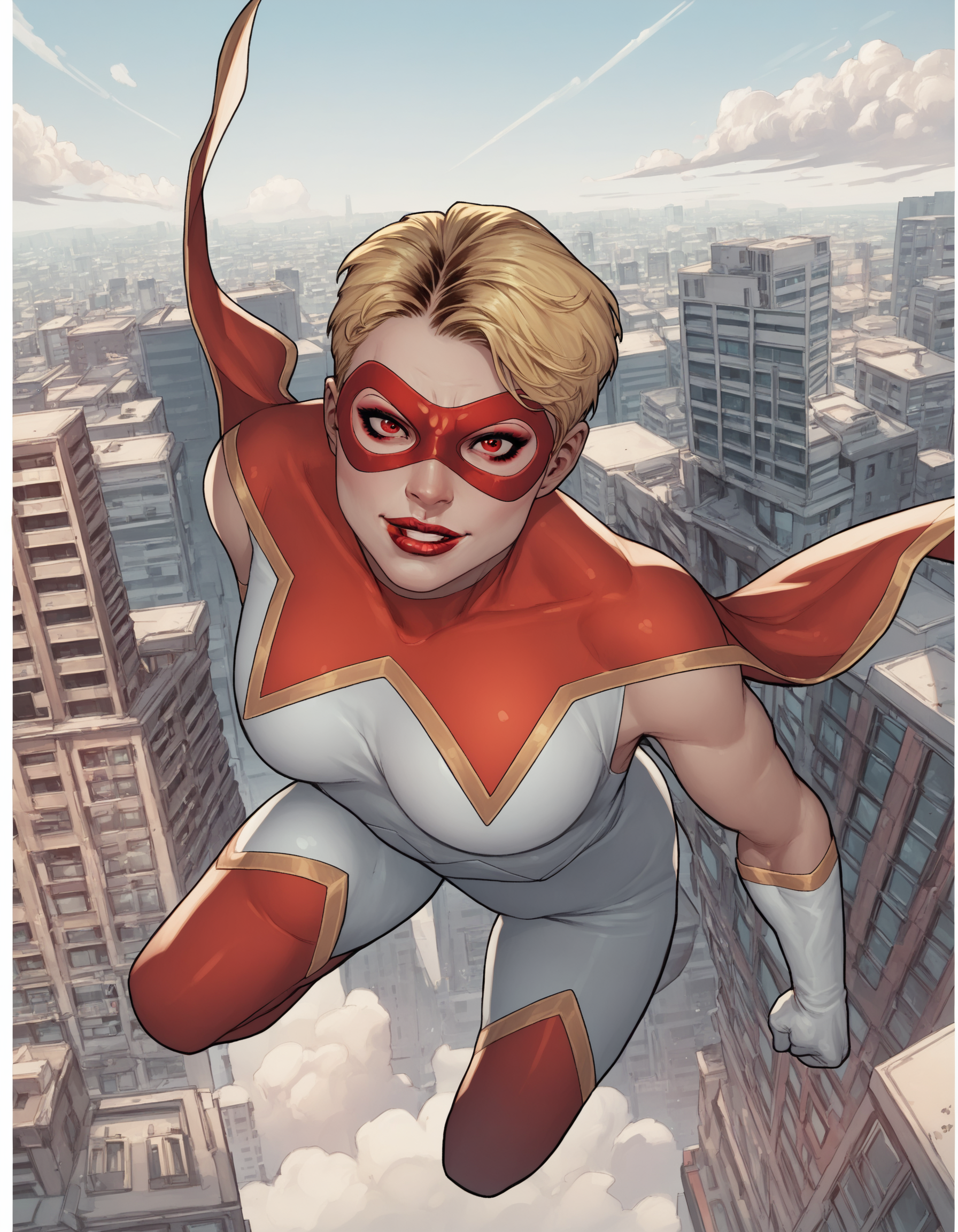 score_9_up, score_8_up, score_7_up, score_6_up, starmarvelxl,Ryan Ripley, artist name, blonde hair, bodysuit, breasts, building, cape, city, cityscape, clenched hand, cloud, domino mask, elbow gloves, flying, from above, gloves, lips, lipstick, looking at viewer, makeup, mask, red eyes, red lips, short hair, signature, smile, white gloves, <lora:StarMarvelPonyXL:1>