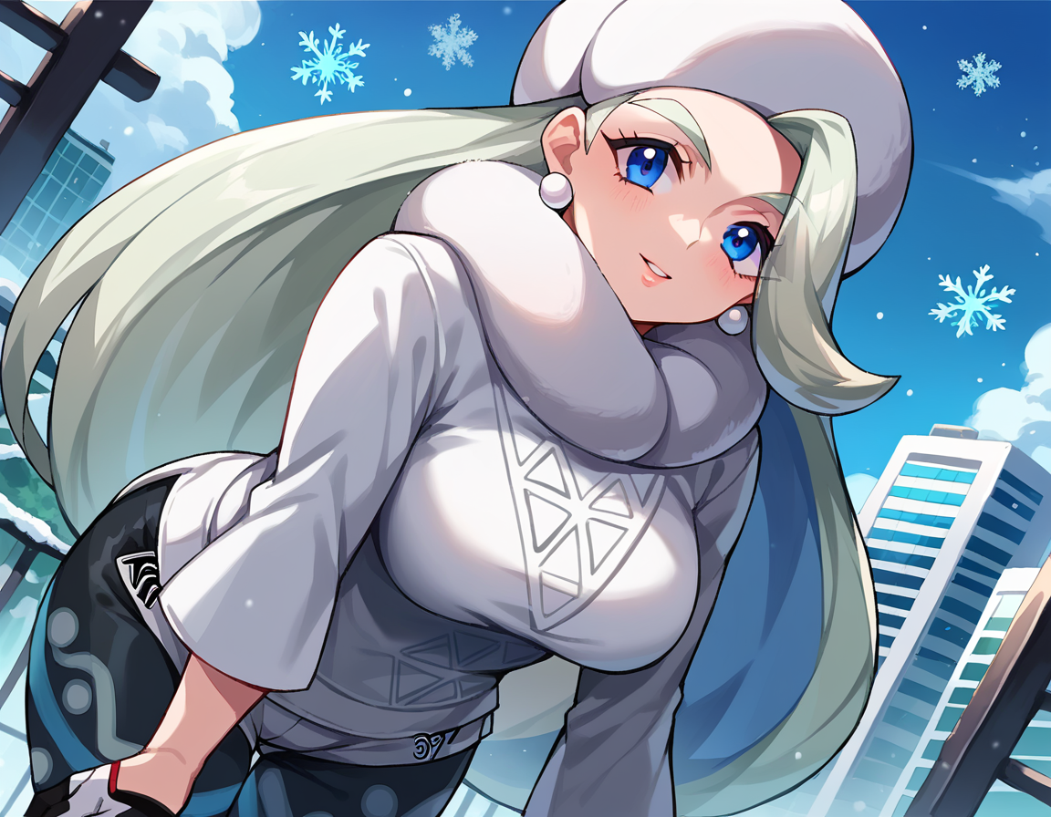 score_9, score_8_up, score_7_up, source_anime,
pokemonmelony, <lora:pokemon-melony-ponyxl-lora-nochekaiser:1>
pokemonmelony, blue eyes, eyelashes, long hair, multicolored hair, streaked hair, grey hair,
earrings, gloves, hat, jewelry, long sleeves, pantyhose, pantyhose under shorts, scarf, shorts, single glove, snowflakes, sweater, white headwear, white scarf, white sweater,
outdoors, cityscape, bent over,
looking at viewer, cowboy shot, dutch angle,
