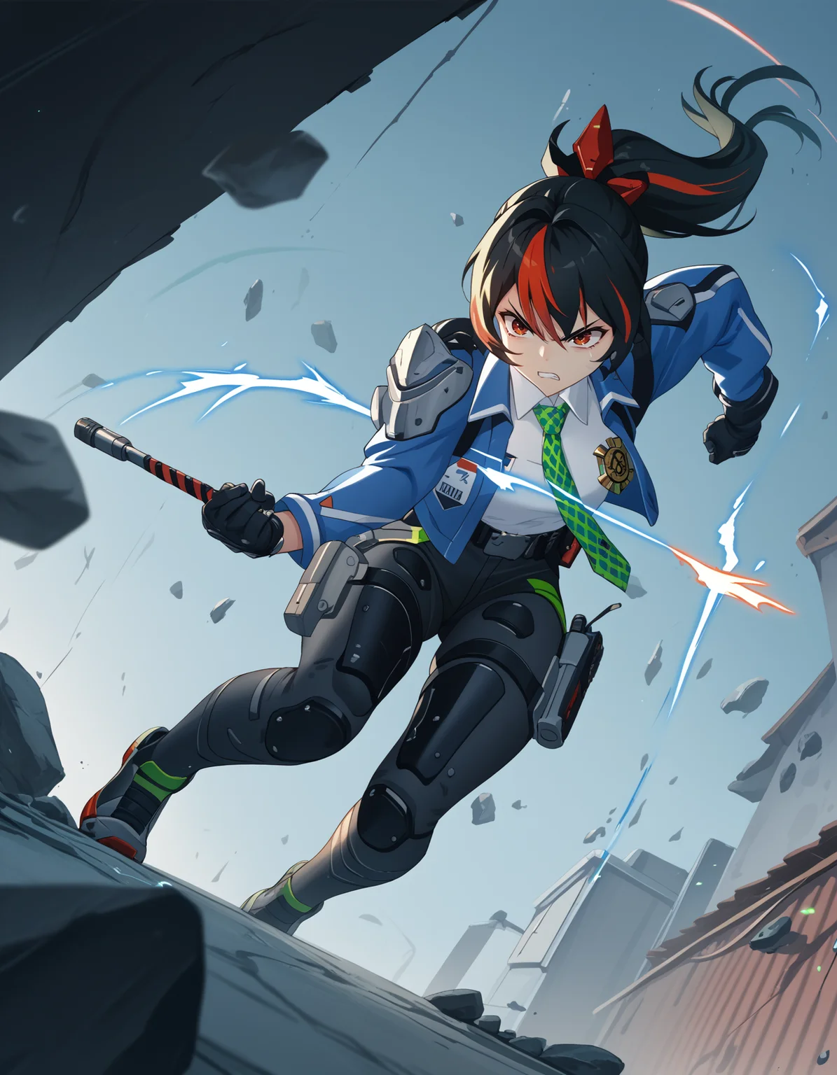 score_9, score_8_up, score_7_up, <lora:Tsunashima_Shirou_Jinki_Style-000009:0.8> <lora:zzz-pack-v6-ponyxl-000031:0.8:lbw=0,0,0,0,0,0,1,1,0,0,0,0> zhuyuan, ponytail, cropped jacket, collared shirt, green necktie, black gloves,
1girl, solo, angry, intense, baton \(weapon\), floating rock, from below, struggling, battle, close-up, alley, night