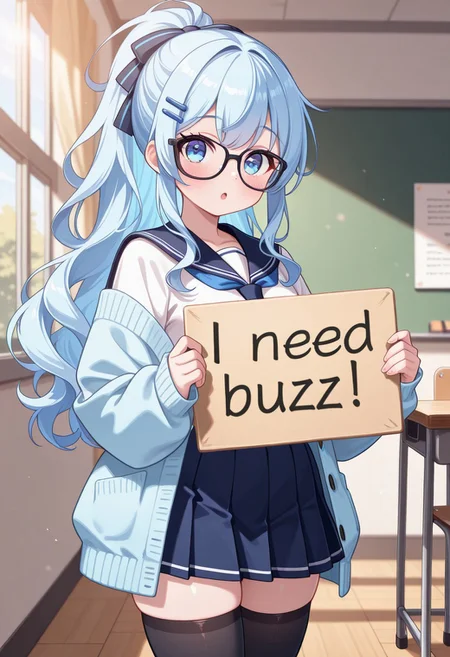 32k uhd, (masterpiece:1.2), (best quality:1.2), (very aesthetic:1.2), (absurdres:1.2), (detailed background),newest, 1girl,cute, short girl, smart girl, sailor uniform,white shirt, (cardigan, open cardigan, light blue cardigan) , very long sleeves, sleeves past wrists, blue tie, blue miniskirt, glasses, black-framed eyewear, hairclips , black thighhigh, light blue hair, long hair, wavy hair, ponytail, wavy ponytail, blue eyes, morning ,:o, kuudere, (need_buzz, holding sign), classroom