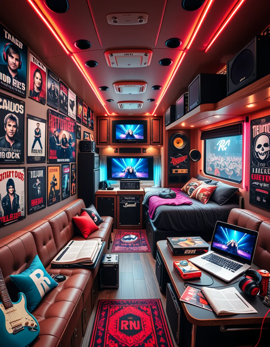 The interior of a modern RV customized for a rock band on tour. The space is stylish and lived-in, filled with musical gear like guitar cases, amps, and a drum pad. Posters of famous rock bands and tour memorabilia cover the walls. There are leather couches, a small kitchenette with snacks and energy drinks, and a cluttered table with laptops, cables, and setlists. A narrow hallway leads to sleeping bunks with personal items like headphones, books, and clothes tossed around. The lighting is warm with LED strips in red and purple tones, giving it a cozy but edgy atmosphere. A small TV displays concert footage, and speakers are mounted on the ceiling. The whole scene feels energetic, artistic, and chaotic in a creative way. Realistic style, rich colors, and highly detailed environment.
<lora:SDXLFaeTastic2400:0.4> <lora:extremely_detailed:0.4> extremely detailed <lora:r0ck_b4nd_rv:1>r0ck b4nd rv, Masterpiece,best quality,hi res,8k,hi res,8k,award winning,(sharp focus, intricate, highly detailed),