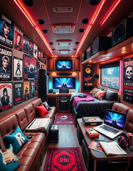 The interior of a modern RV customized for a rock band on tour. The space is stylish and lived-in, filled with musical gear like guitar cases, amps, and a drum pad. Posters of famous rock bands and tour memorabilia cover the walls. There are leather couches, a small kitchenette with snacks and energy drinks, and a cluttered table with laptops, cables, and setlists. A narrow hallway leads to sleeping bunks with personal items like headphones, books, and clothes tossed around. The lighting is warm with LED strips in red and purple tones, giving it a cozy but edgy atmosphere. A small TV displays concert footage, and speakers are mounted on the ceiling. The whole scene feels energetic, artistic, and chaotic in a creative way. Realistic style, rich colors, and highly detailed environment.
<lora:SDXLFaeTastic2400:0.4> <lora:extremely_detailed:0.4> extremely detailed <lora:r0ck_b4nd_rv:1>r0ck b4nd rv, Masterpiece,best quality,hi res,8k,hi res,8k,award winning,(sharp focus, intricate, highly detailed),
