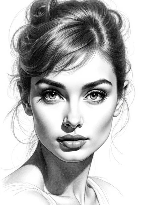 Pencil drawing, black and white, pencil strokes, 
Scratchy pen strokes, Charcoal Art Sketch Close-up portrait of Audrey Hepburn