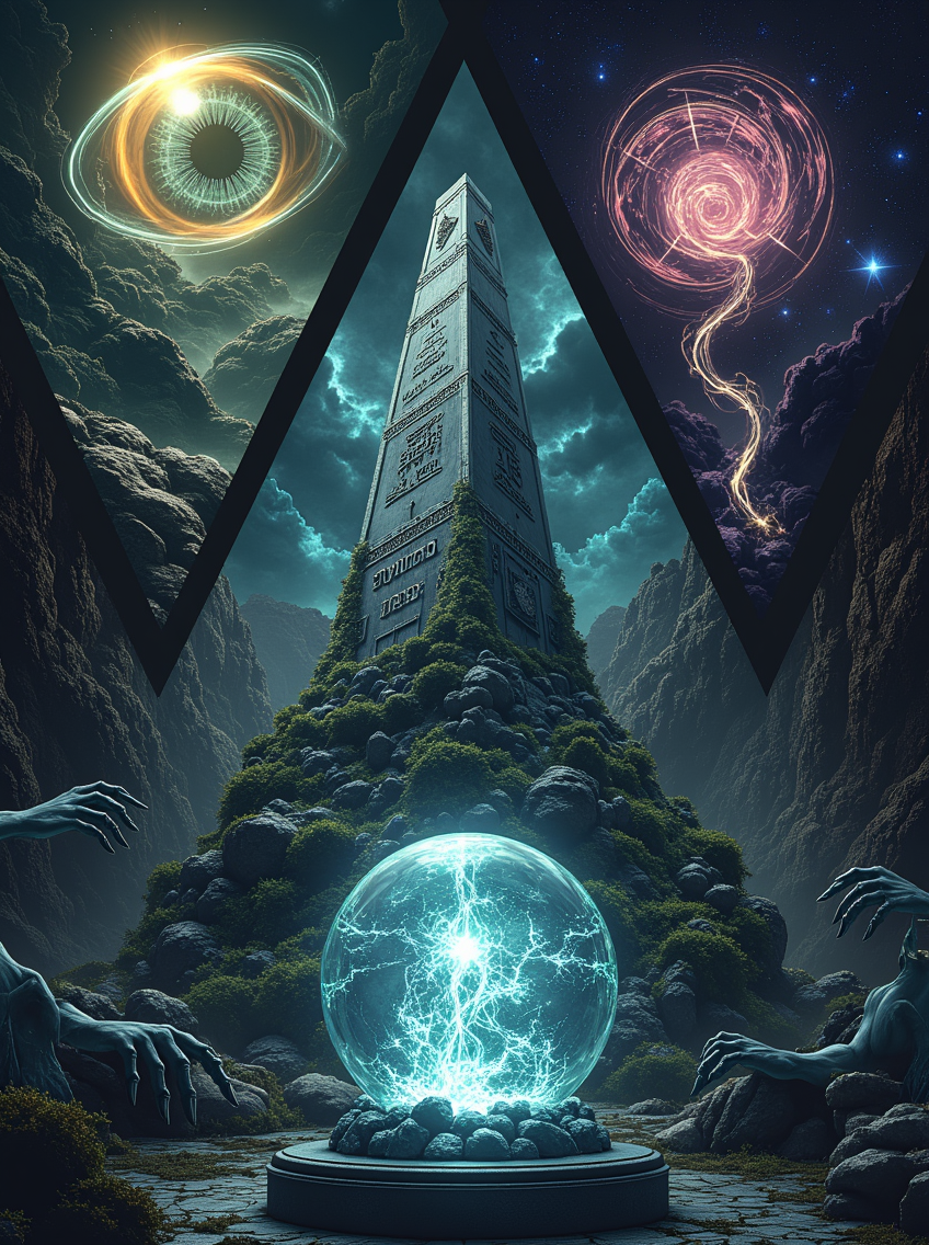 newfantasycore. 
In the first triangle, depict an orb of glass resting on a pedestal, swirling with water that moves like time itself, surrounded by glowing runes. An all-seeing eye hovers above it, and spectral hands emerge from the ground, reaching toward the orb.

In the second triangle, show a towering, weathered obelisk covered in seaweed and coral, with ancient celestial inscriptions and a crystal pulsing with eerie light at its top. The surrounding atmosphere should be dim and foreboding, with an aura of otherworldly power.

In the third triangle, display a massive clockwork device, its gears and mechanisms glinting in the darkness. A swirling vortex of arcane energy surrounds it, with time-distorting effects radiating from the core. The background should be filled with dark magic, evoking the sense of an ancient force waiting to be unleashed.