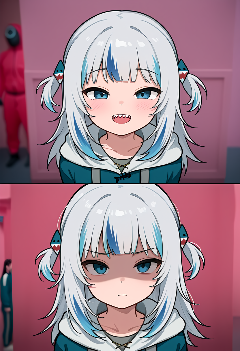 (masterpiece, high quality, amazing detail), highres, before and after, squid game, gawr gura, partially shaded face, green jacket, <lora:Before_and_Afer_Joining_Squid_Game:1>