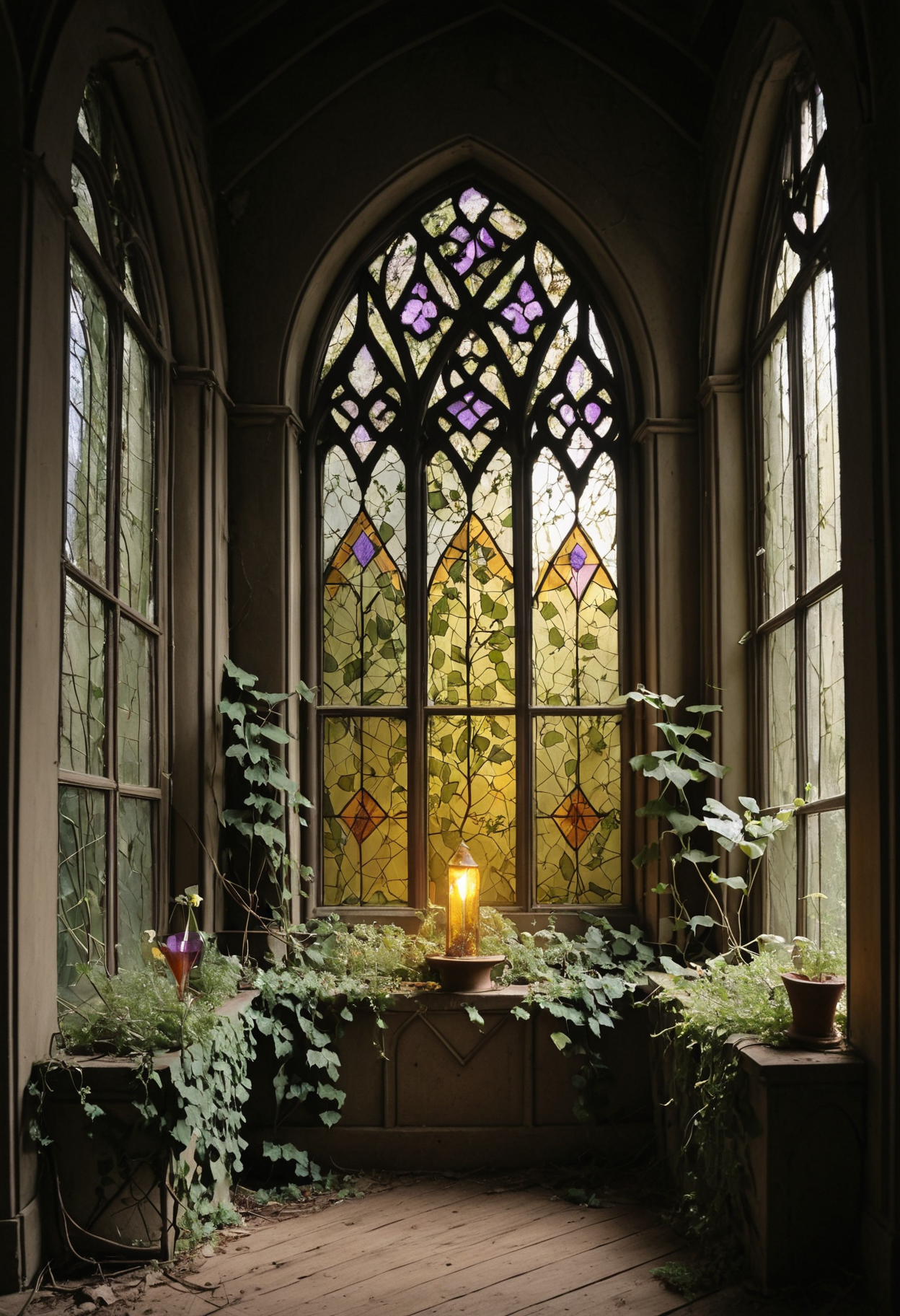 window, no humans, ruins, scenery, stained glass, indoors, green glass, purple glass, yellow glass, vines, ivy, overgrown, nature, sunlight, glass panes, diamond pattern, old, vintage, rustic, mysterious, ethereal, moody, dark interior, silhouettes, decorative, ornate, natural light, serene, tranquil, antique, <lora:g0bl1nc0r3-000010:1>